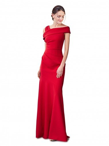 Shop Sleeveless Ruched Crepe Mermaid Formal Dress with Off The Shoulder Detail