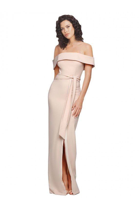 Off the Shoulder Long Crepe Formal Dress with Waist Tie and Slit