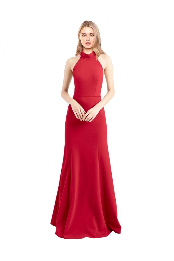 Sleek Fit and Flare High Neck Halter Stretch Crepe Formal Dress with Open Back
