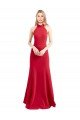 Sleek Fit and Flare High Neck Halter Stretch Crepe Formal Dress with Open Back