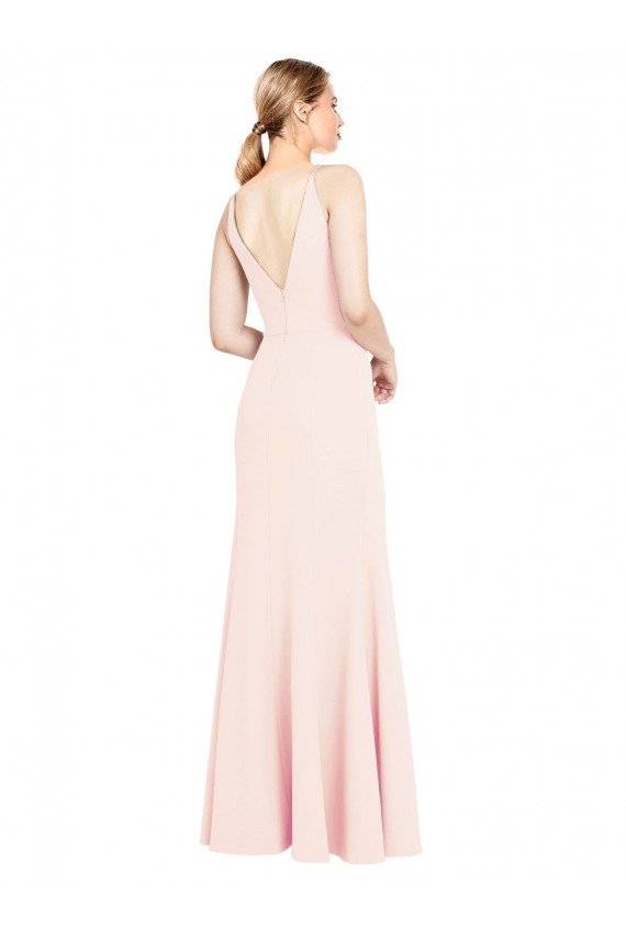 Slim A-Line V-Neck Long Stretch Crepe Formal Dress with V-Back