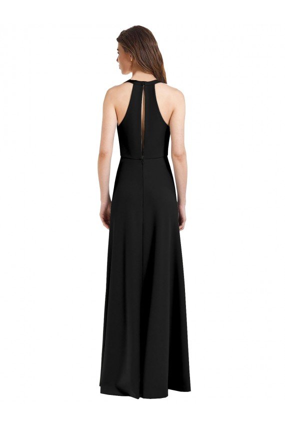 Sleek Halter V-Neck Long A-Line Stretch Crepe Formal Dress with Front Slit