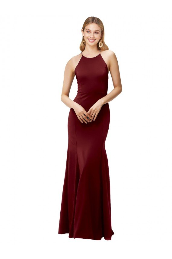 Fit and Flare Halter Neckline Stretch Crepe Formal Dress with Strappy Back
