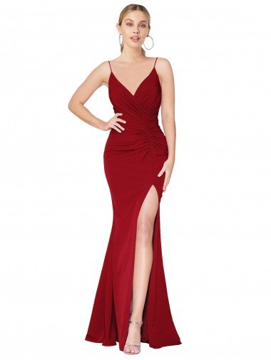 Shop Spaghetti Straps V-Neck Long Crepe Dress with High Slit