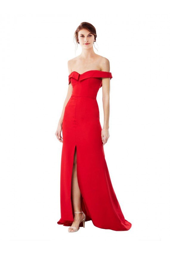 Off the Shoulder Chapel Train Crepe Formal Dress with Thigh-High slit