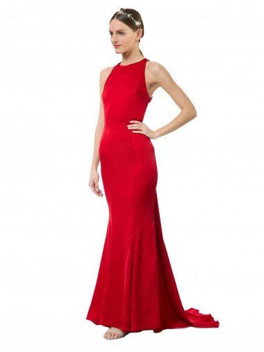Shop High Neck Mermaid Open Back Crepe Maxi Formal Dress with Train Detail