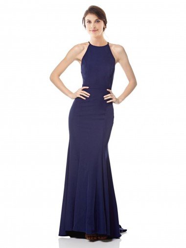 Shop High Neck Fishtail Crepe Formal Dress with Open Back Detail