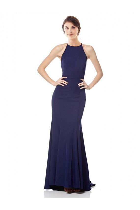 High Neck Fishtail Crepe Formal Dress with Open Back Detail
