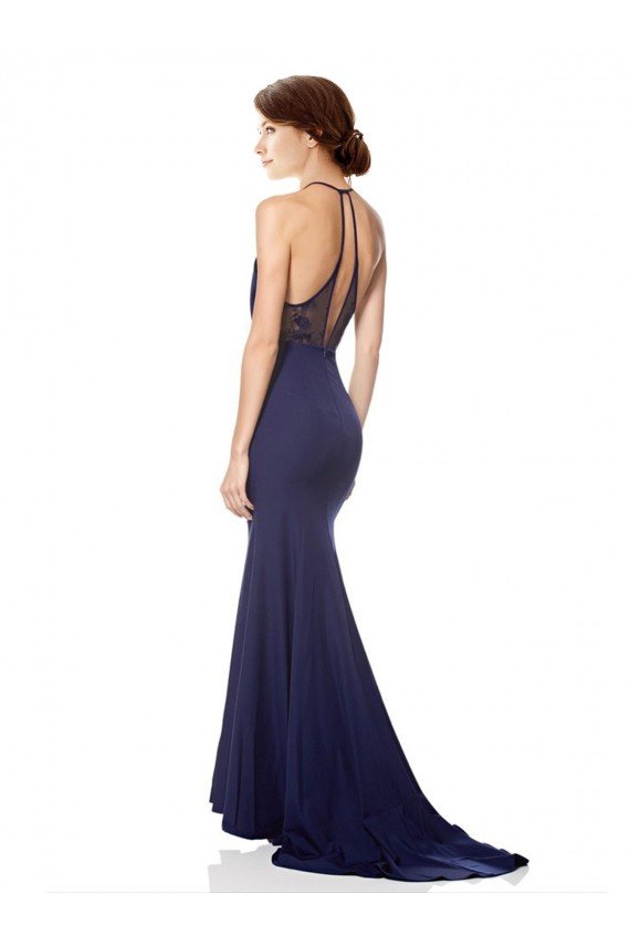 High Neck Fishtail Crepe Formal Dress with Open Back Detail