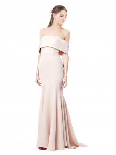 Shop Mermaid Bardot Maxi Crepe Bridesmiad Dress with Fishtail Train