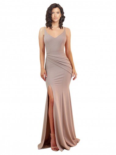 Shop Fishtail Shape V-Neck Crepe Formal Dress with Slit