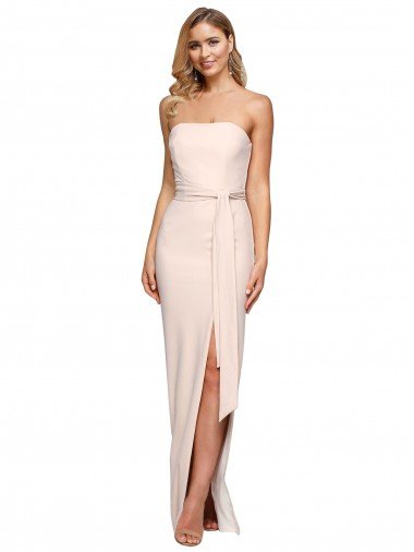 Shop Full Length Low Back Strapless Crepe Formal Dress with Thigh High Side Split