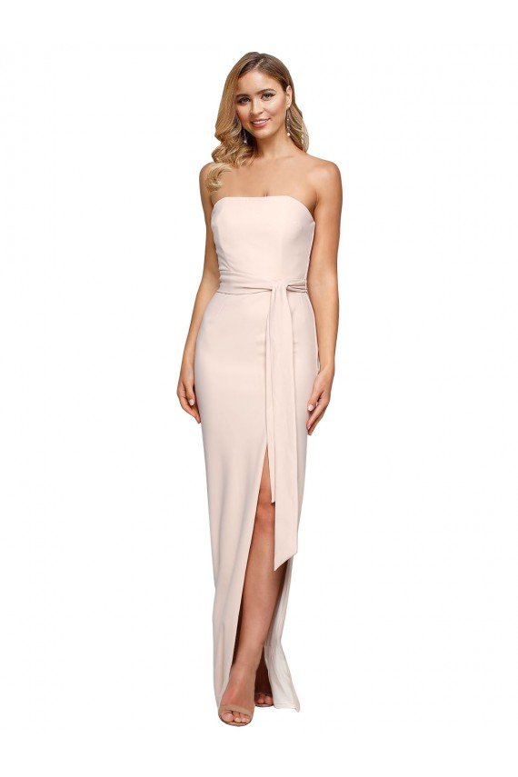 Full Length Low Back Strapless Crepe Formal Dress with Thigh High Side Split