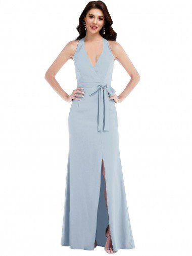Shop Open Back Halter Maxi Crepe Formal Dress with Draped Bow