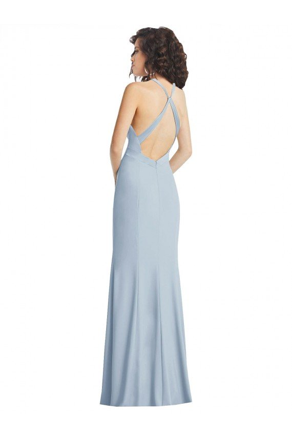 High Neck Halter Crepe Formal Dress with Twist Criss Cross Back