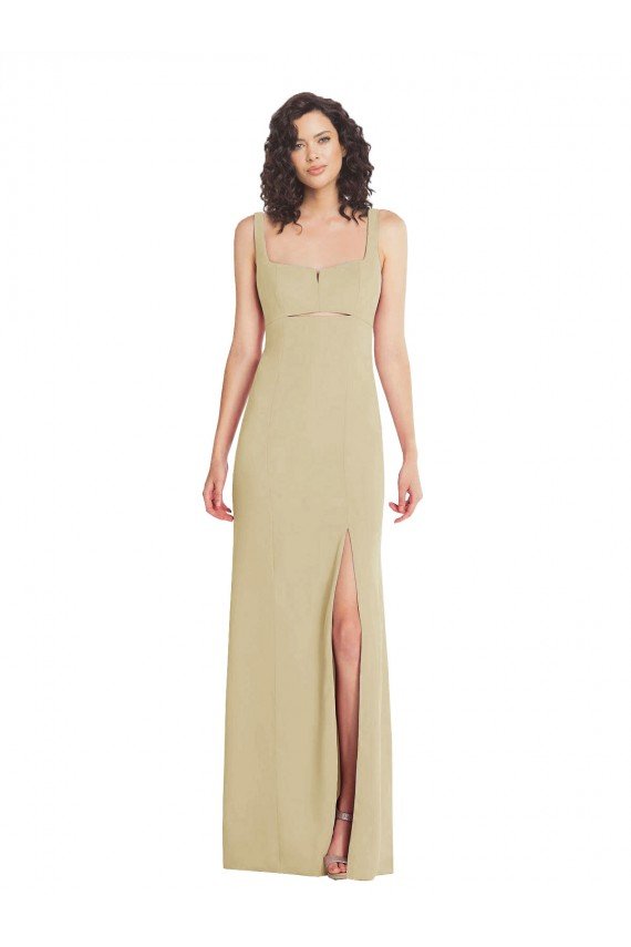 Wide Strap Slash Cutout Empire Crepe Formal Dress with Front Slit