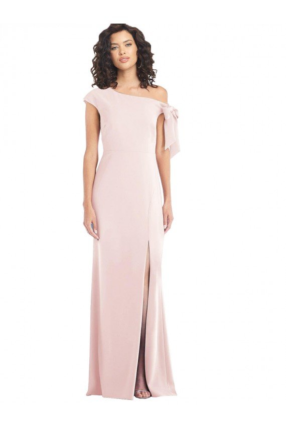Off the Shoulder Tie Detail Trumpet Crepe Formal Dress with Front Slit