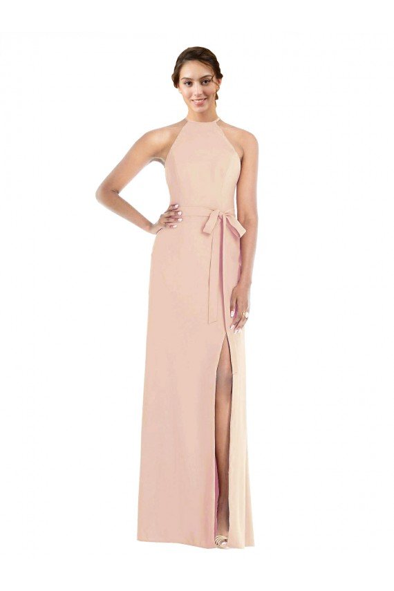 Halter Criss Cross Cutout Back Maxi Crepe Formal Dress