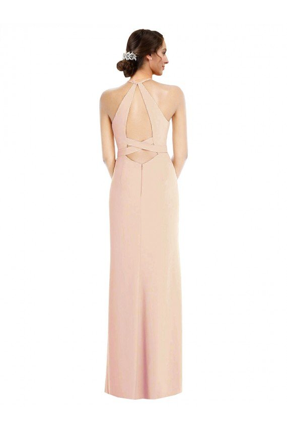 Halter Criss Cross Cutout Back Maxi Crepe Formal Dress