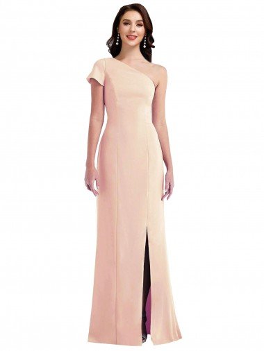 Shop One Shoulder Cap Sleeves Trumpet Crepe Formal Dress with Front Slit