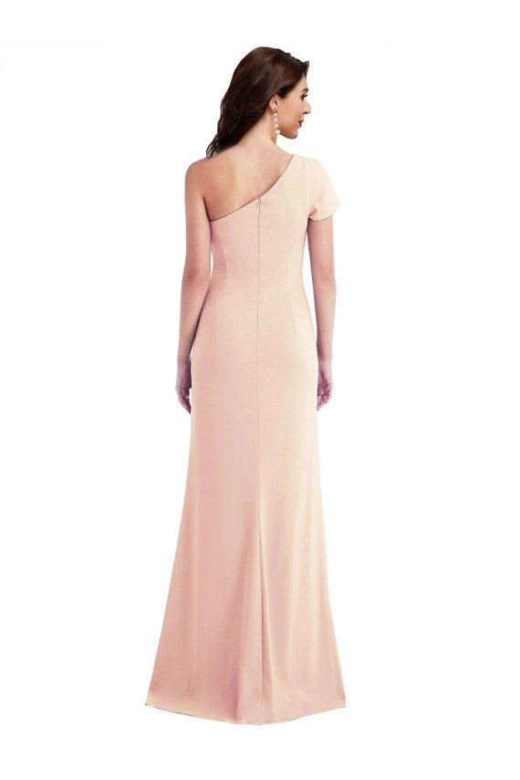 One Shoulder Cap Sleeves Trumpet Crepe Formal Dress with Front Slit