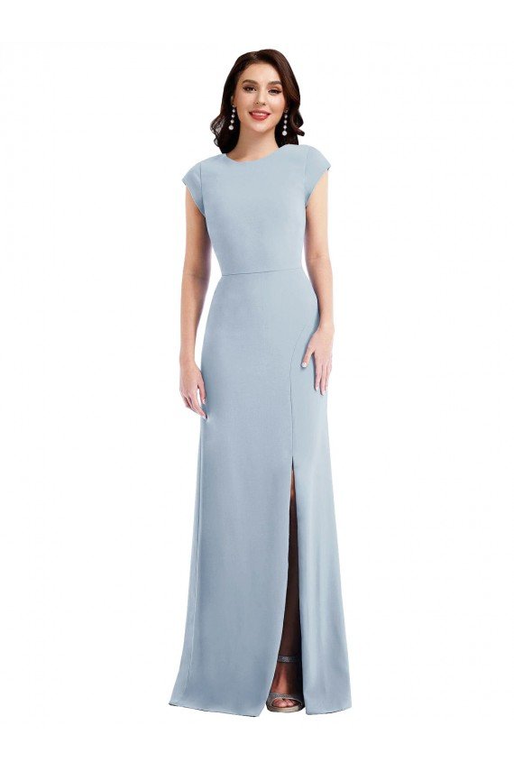 Cap Sleeve Open Back Trumpet Crepe Formal Dress with Front Slit