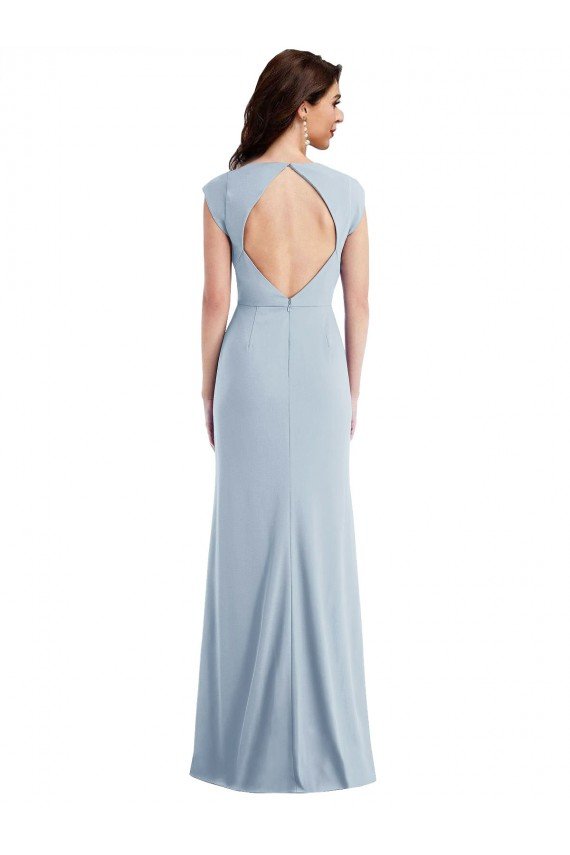 Cap Sleeve Open Back Trumpet Crepe Formal Dress with Front Slit