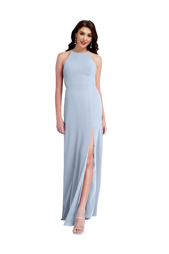 Fit and Flare High Neck Crepe Formal Dress with Side Slit