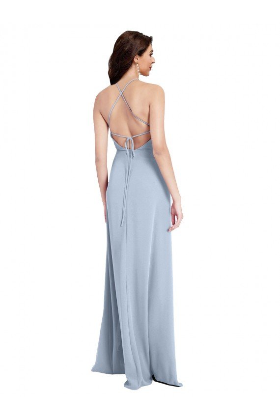 Fit and Flare High Neck Crepe Formal Dress with Side Slit
