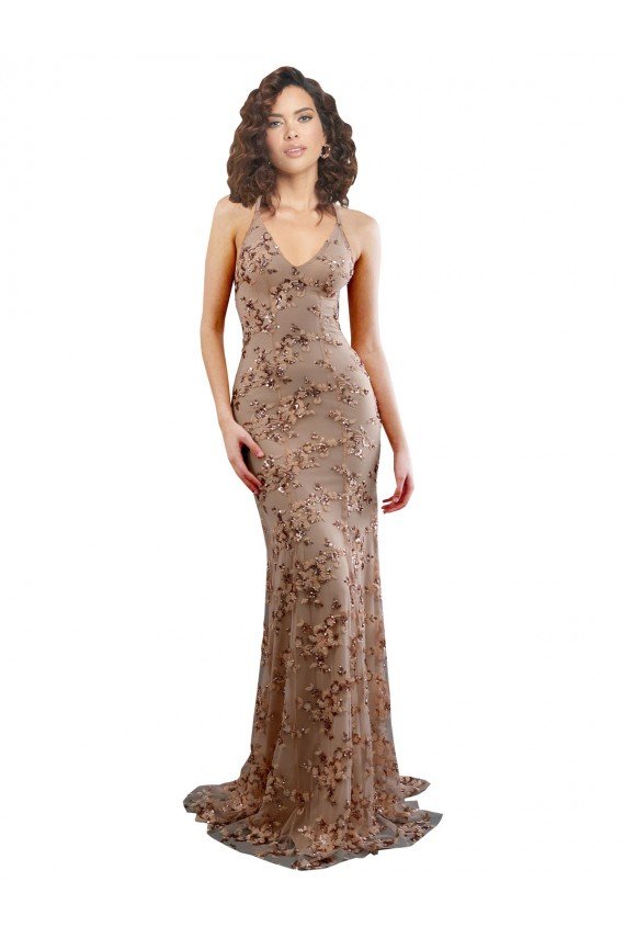 Floral Patterned Backless V-Neckline Sequin Formal Dress