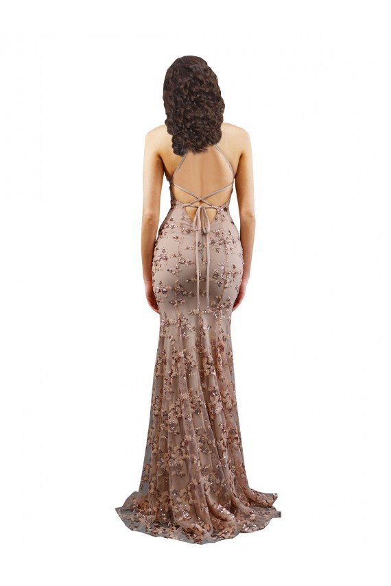 Floral Patterned Backless V-Neckline Sequin Formal Dress