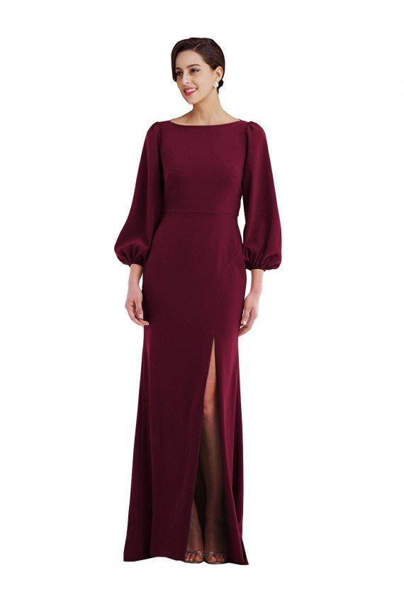 Bishop Sleeve Open Back Trumpet Crepe Formal Dress with Scarf Tie