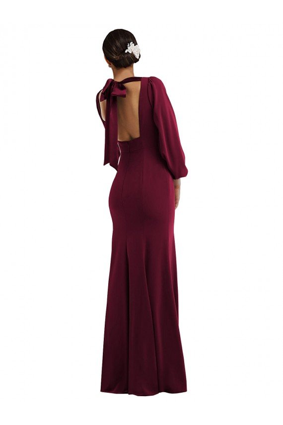Bishop Sleeve Open Back Trumpet Crepe Formal Dress with Scarf Tie