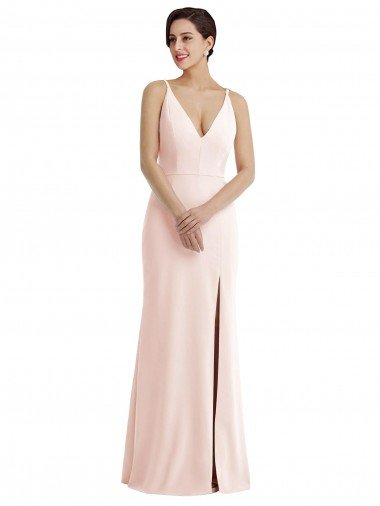 Shop Skinny Strap Deep V-Neck Trumpet Crepe Formal Dress with Front Slit