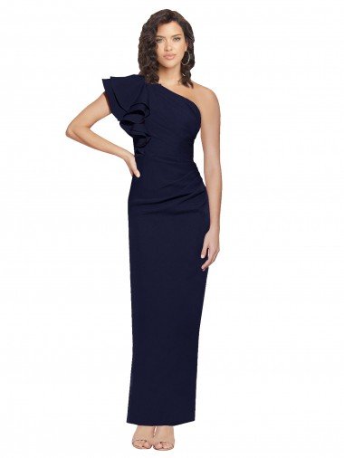 Shop Ruched Floor Length Long Crepe Formal Dress with Shoulder Ruffles