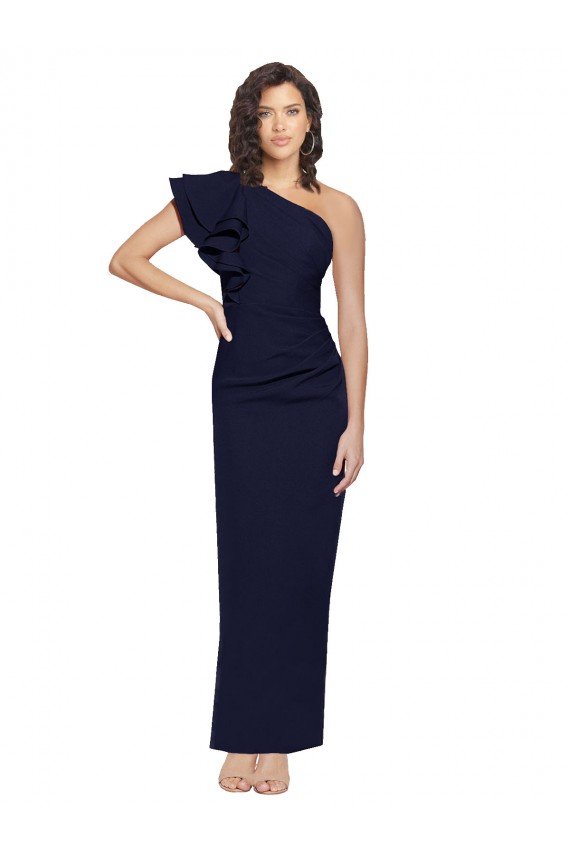 Ruched Floor Length Long Crepe Formal Dress with Shoulder Ruffles