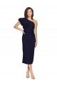 Ruched Midi Length Short Crepe Cocktail Formal Dress with Shoulder Ruffles