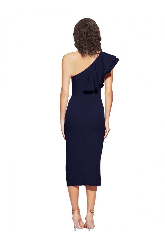 Ruched Midi Length Short Crepe Cocktail Formal Dress with Shoulder Ruffles
