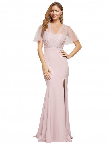 Shop Crepe Long Sweetheart Neckline Formal Dress with Tulle Overlay Shoulders