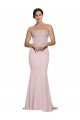 Straight Neck Long Strapless Crepe Formal Dress with Soft Tulle Overlay and Small Train