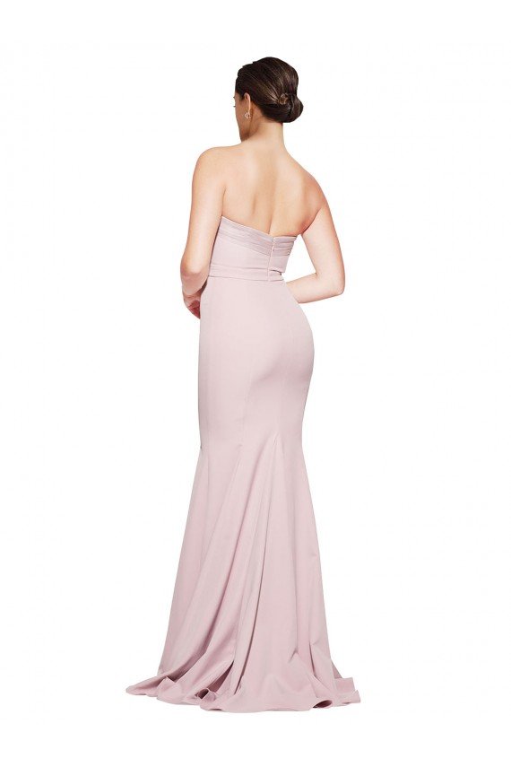 Straight Neck Long Strapless Crepe Formal Dress with Soft Tulle Overlay and Small Train