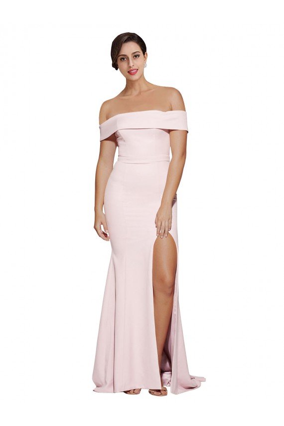 Off Shoulder Long Crepe Formal Dress with Straight Neckline and Side Split