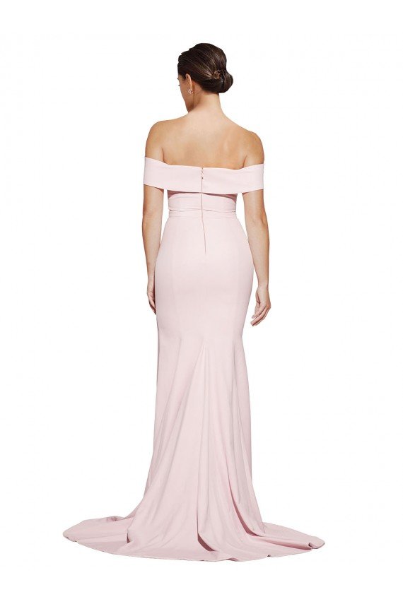 Off Shoulder Long Crepe Formal Dress with Straight Neckline and Side Split