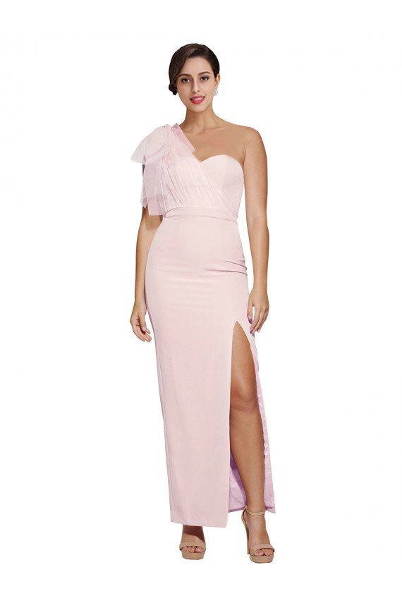 One Shoulder Tulle Overlay Sweetheart Neckline Long Crepe Formal Dress with Thigh Split