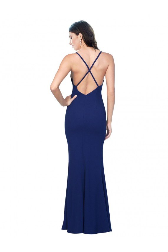 Full Length V-Neckline Crepe Formal Dress with Thin Straps and Fulted Skirt