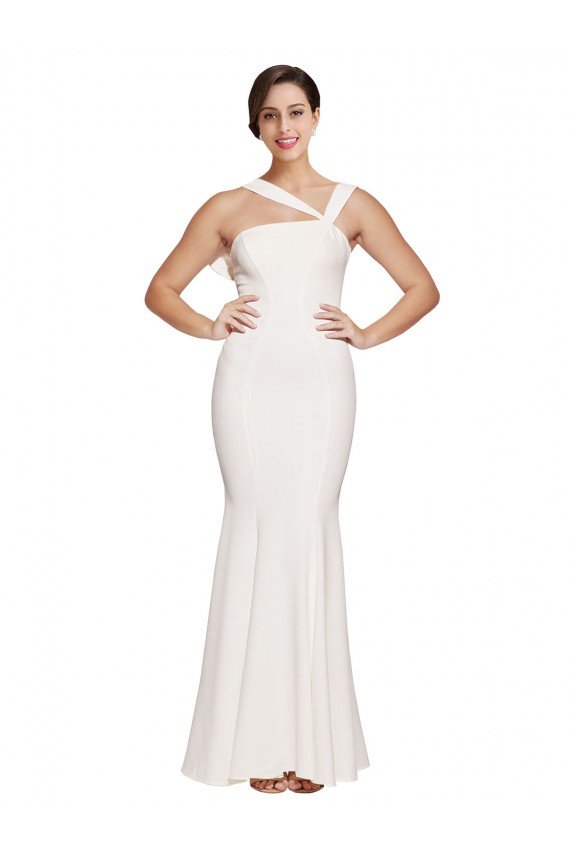 Full Length Square Neck Crepe Formal Dress with Asymmetrical Straps and Bow Back