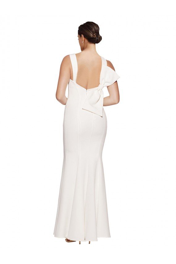 Full Length Square Neck Crepe Formal Dress with Asymmetrical Straps and Bow Back