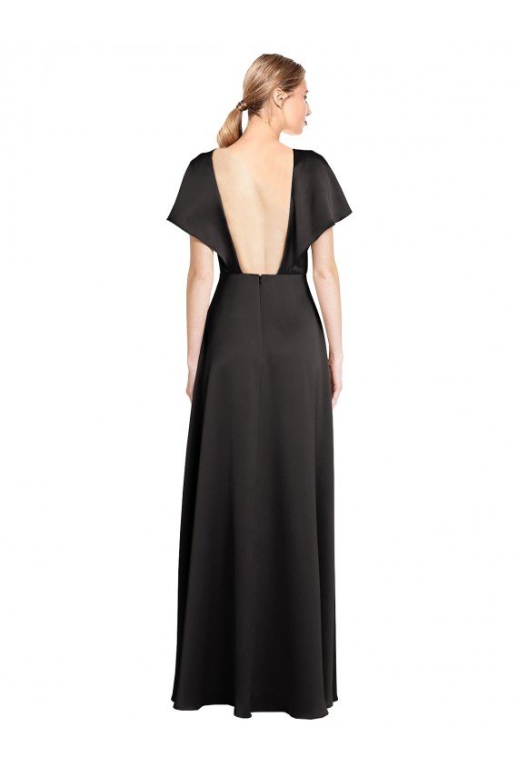 Cap Sleeves Open Back Long Stretch Satin Formal Dress