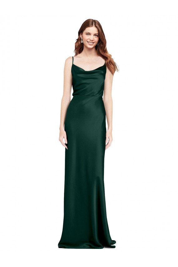Fitted Cowl Neck Long Stretch Satin Semi Formal Dress with V-Back