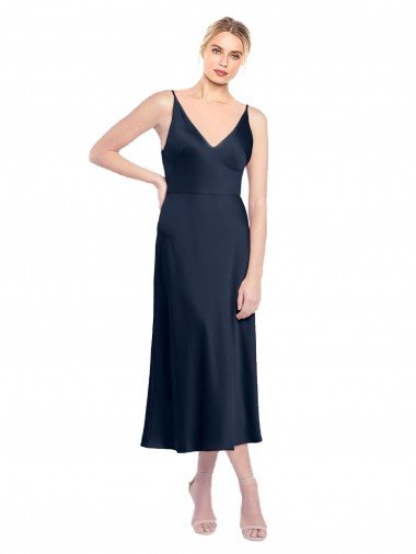 Shop V-Neck Midi Length Short Stretch Satin Cocktail Formal Dress V-Back